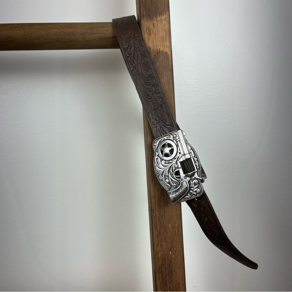 Western Brown Leather Belt with Silver Buckle